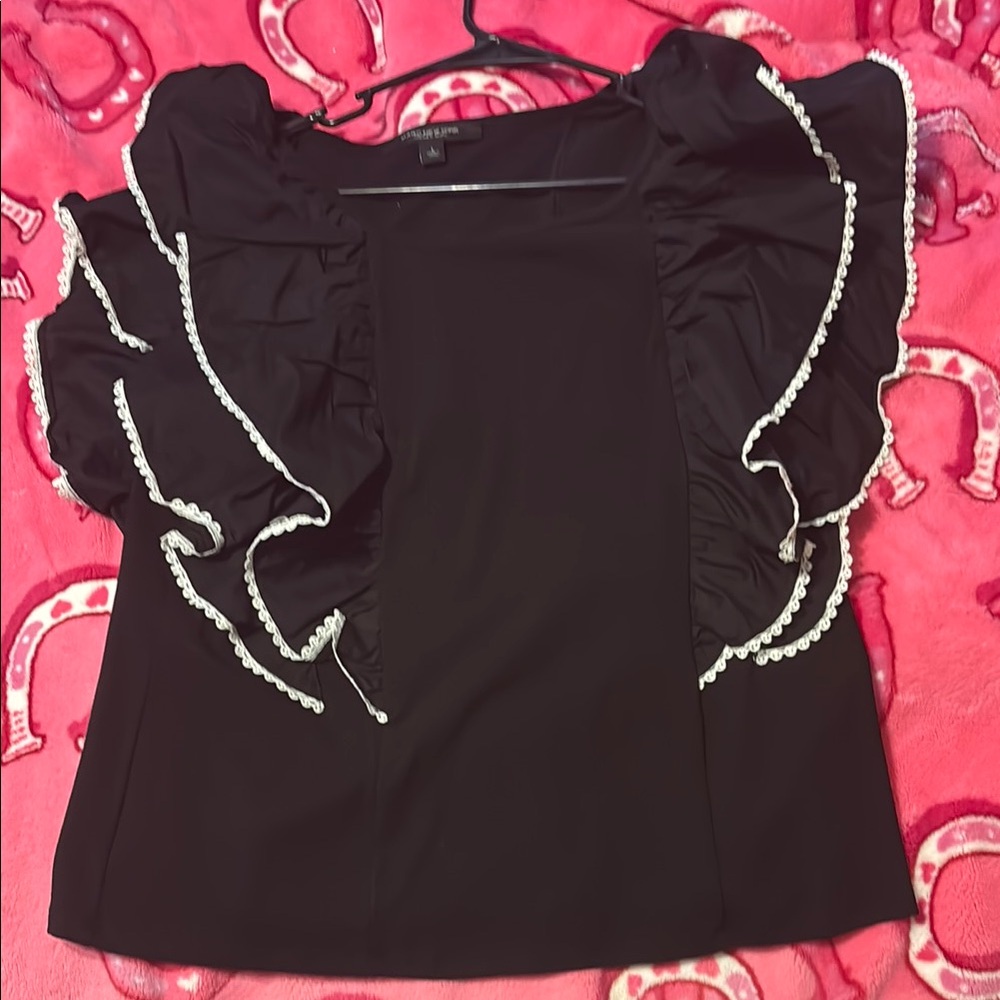 Black Blouse with White Ruffle Trim